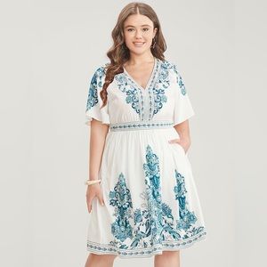 Bandana Print Ruffle Sleeve V Neck Pocket Knee Dress